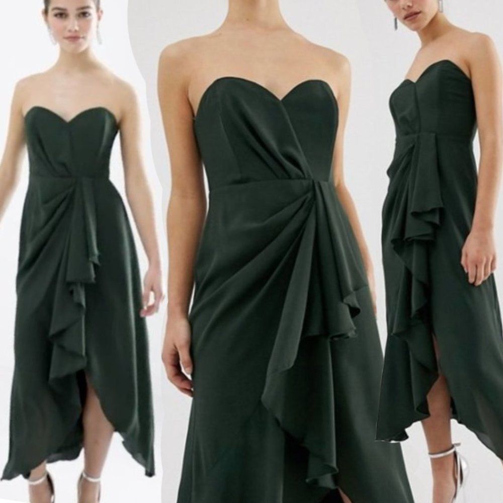 Petite Structured Chiffon Sweetheart Midi Dress - Strapless Forest Green Chiffon